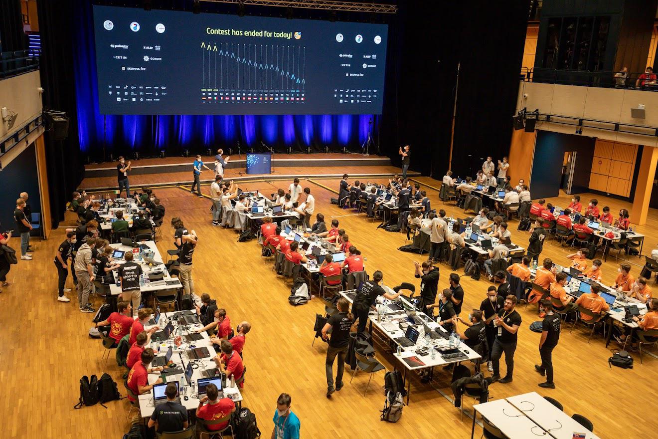 Contest room with the scoreboard at the end of Day 1