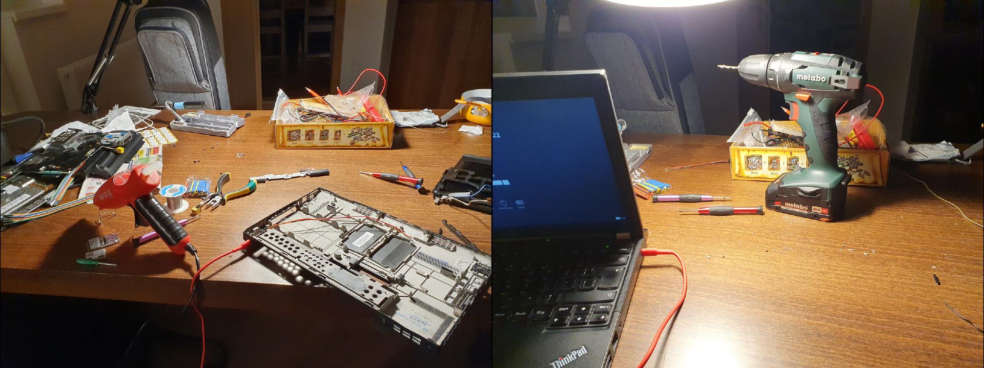 The huge mess I've made taking the laptop apart and the finished product.