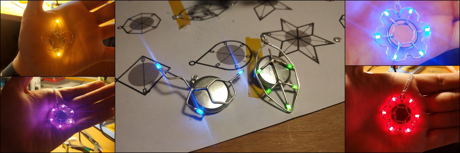 Some of the different designs of glowing jewelry I made.