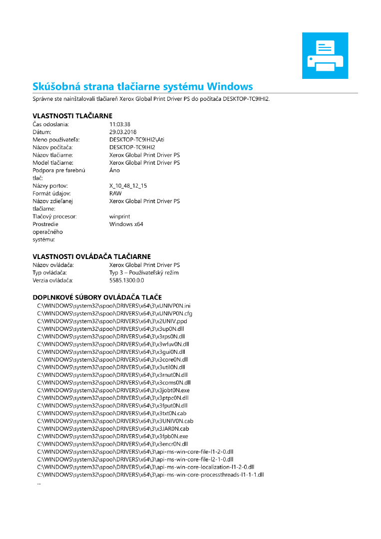 A Windows printer test page in Slovak