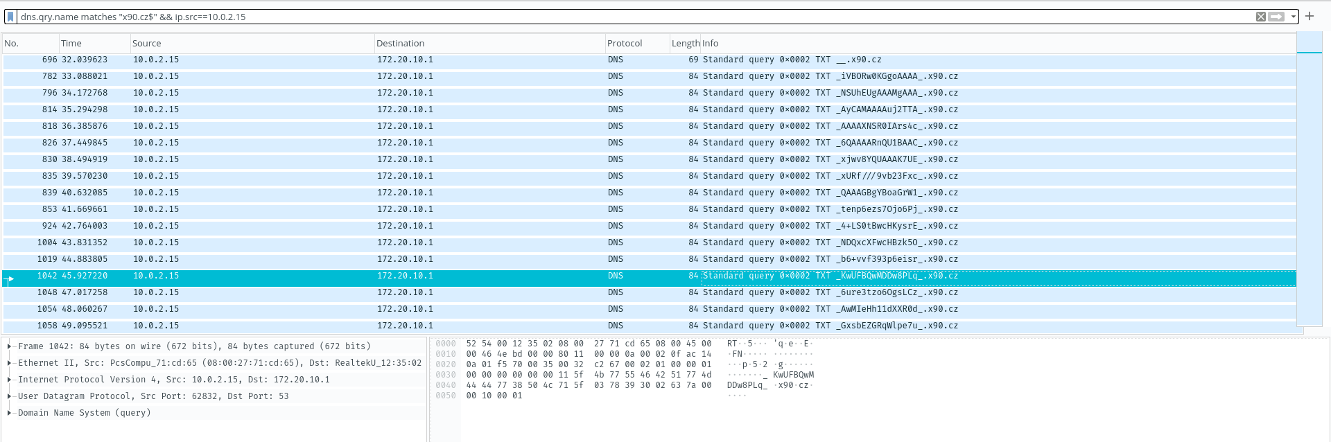 A screenshot from wireshark with the DNS packets displayed