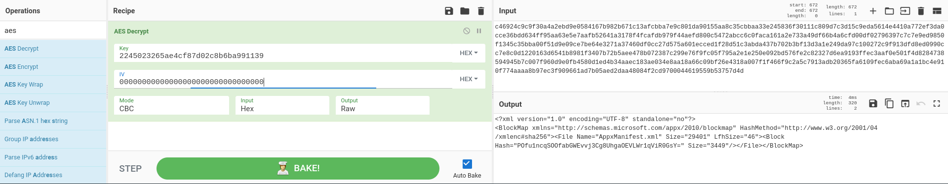 A screenshot from CyberChef decrypting the second encrypted file.