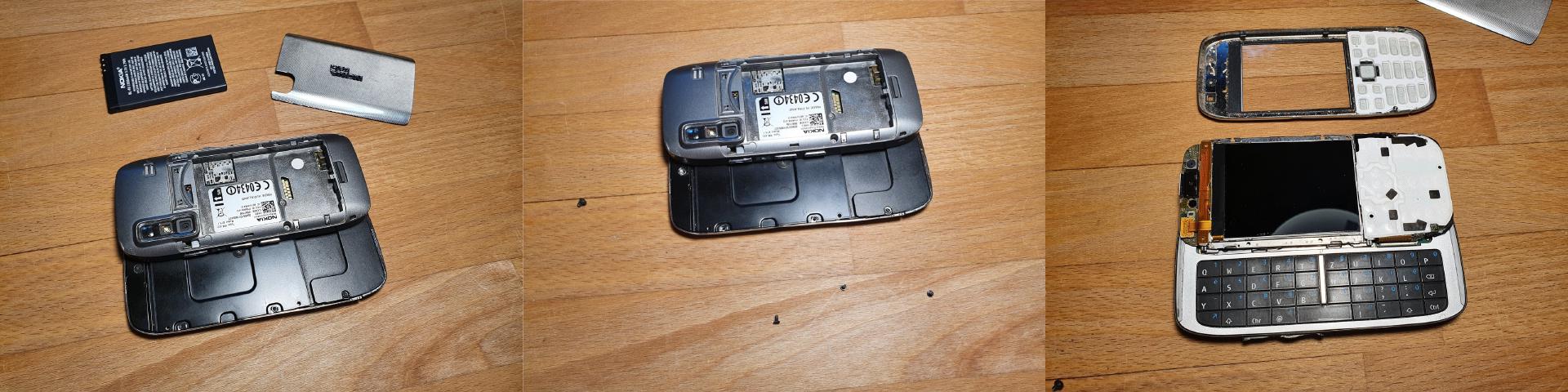 The removal of the battery (left), the unscrewing of the screws (center), the removal of the top glass covering the display (right)